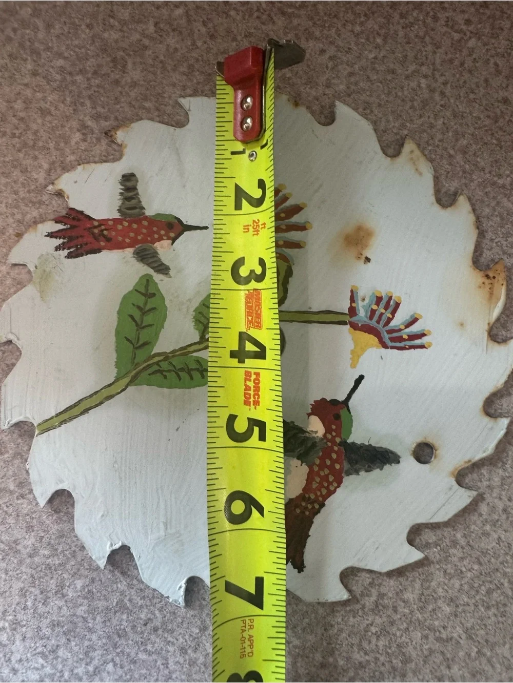 Hand-Painted Hummingbird Wall Decor Saw Blade  in Blue and Red